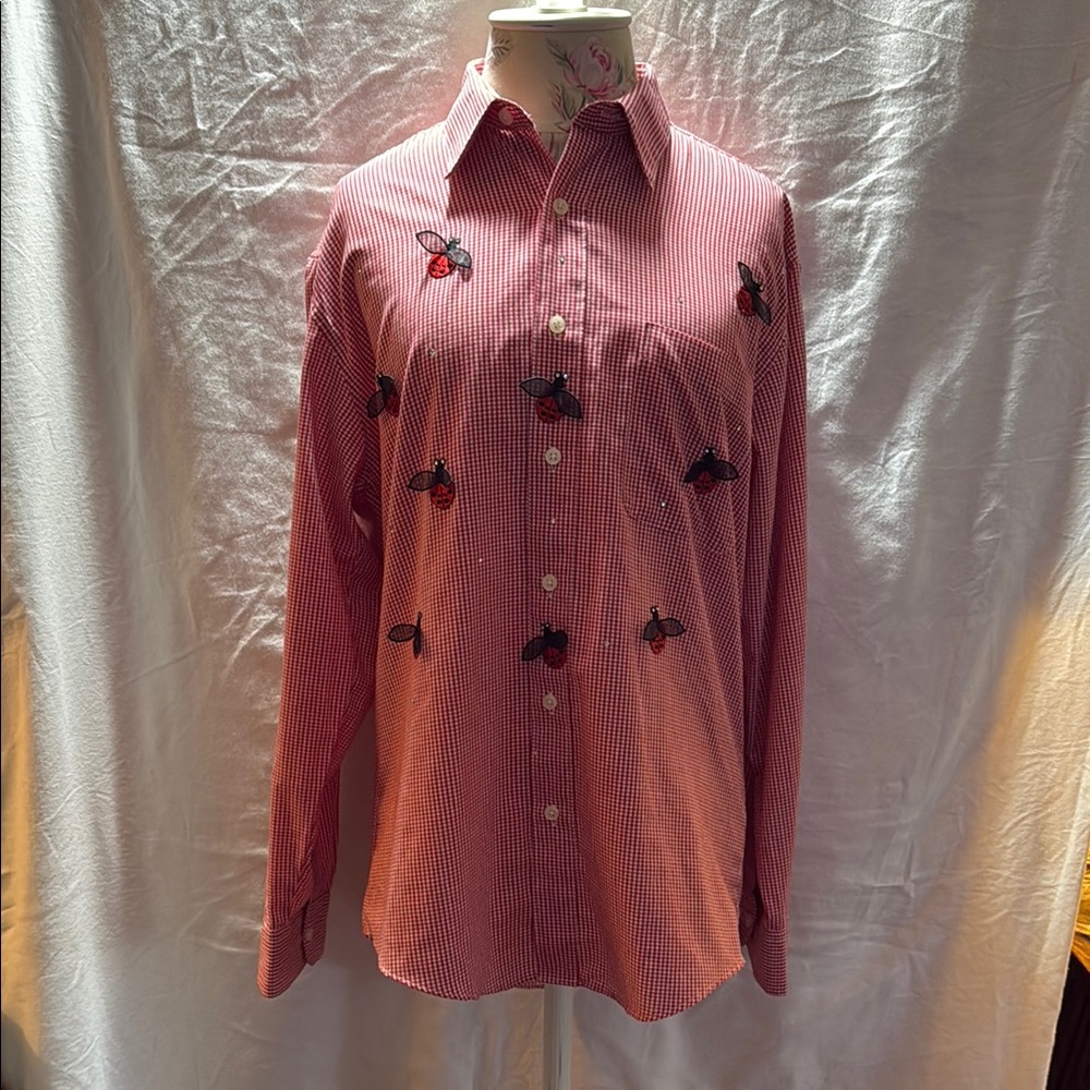 Red Gingham Women’s Shirt with Embroidered Ladybug Details